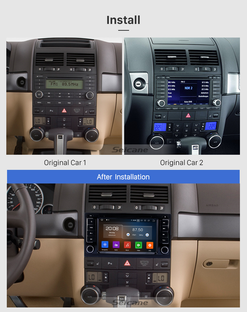 Seicane 7 pouces Android 10.0 Radio à écran tactile pour VW Volkswagen 2004-2011 Touareg 2009 T5 Multivan / Transporter avec navigation GPS Prise en charge Bluetooth Carplay Caméra de recul