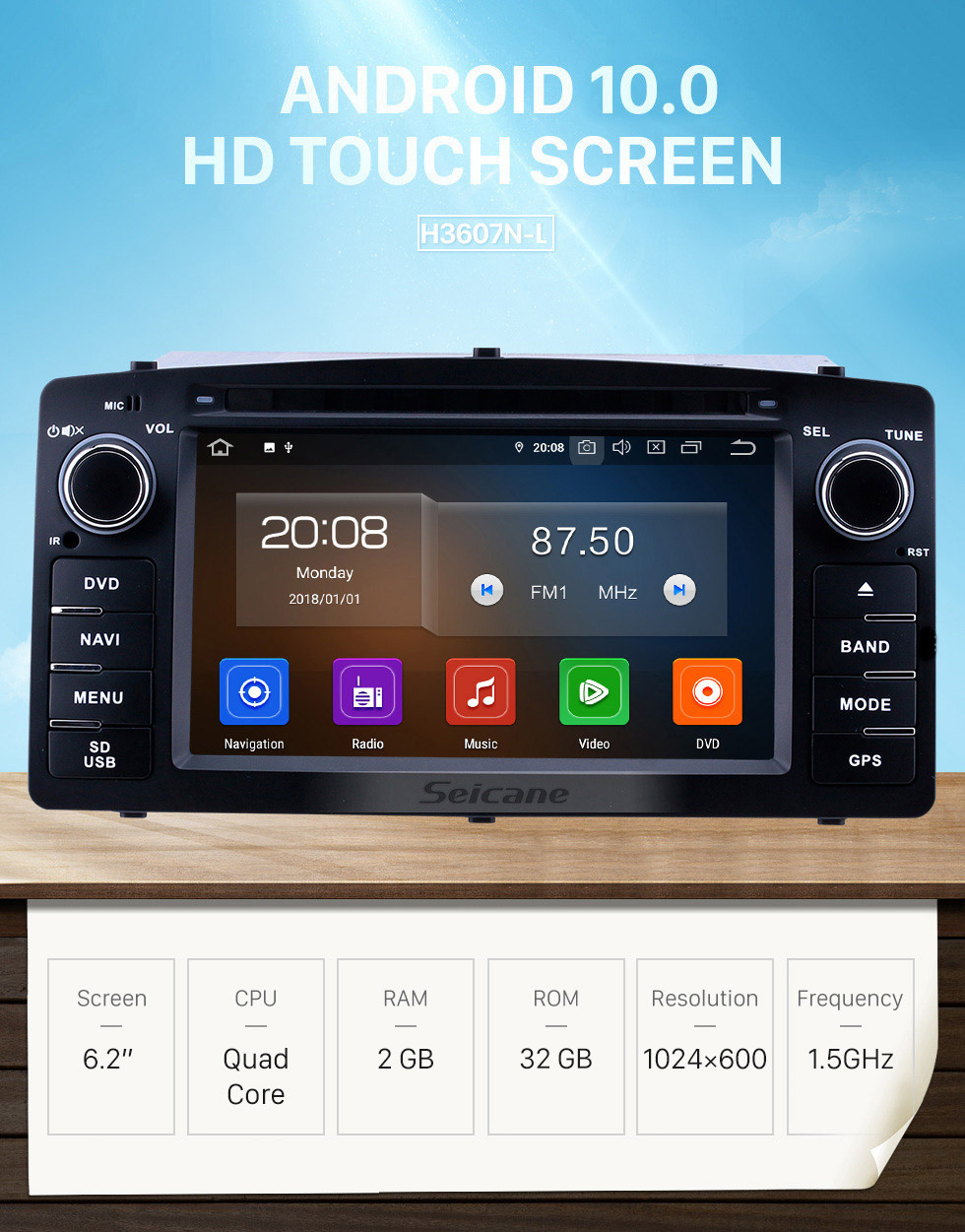Seicane Radio de navigation GPS Android 10.0 de 6,2 pouces pour Toyota Corolla E120 BYD F3 2003-2012 avec support Bluetooth Carplay à écran tactile HD TPMS