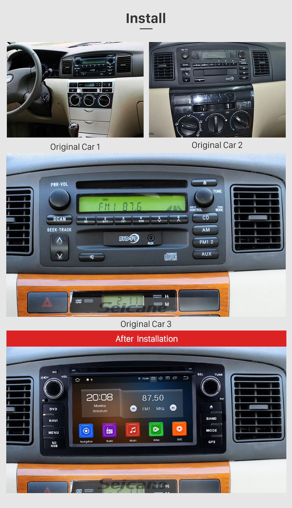 Seicane Radio de navegación GPS Android 10.0 de 6.2 pulgadas para Toyota Corolla E120 BYD F3 2003-2012 con pantalla táctil HD Carplay Bluetooth compatible con TPMS