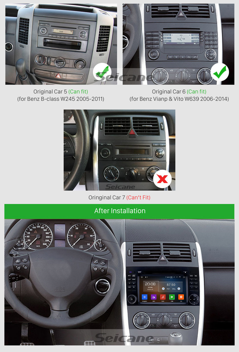 Seicane Rádio de navegação GPS Android 10.0 de 7 polegadas para 2004-2012 Mercedes Benz Classe B W245 B150 B160 B170 B180 B200 B55 com HD Touchscreen Carplay Bluetooth WIFI Suporte USB USB Link de espelho