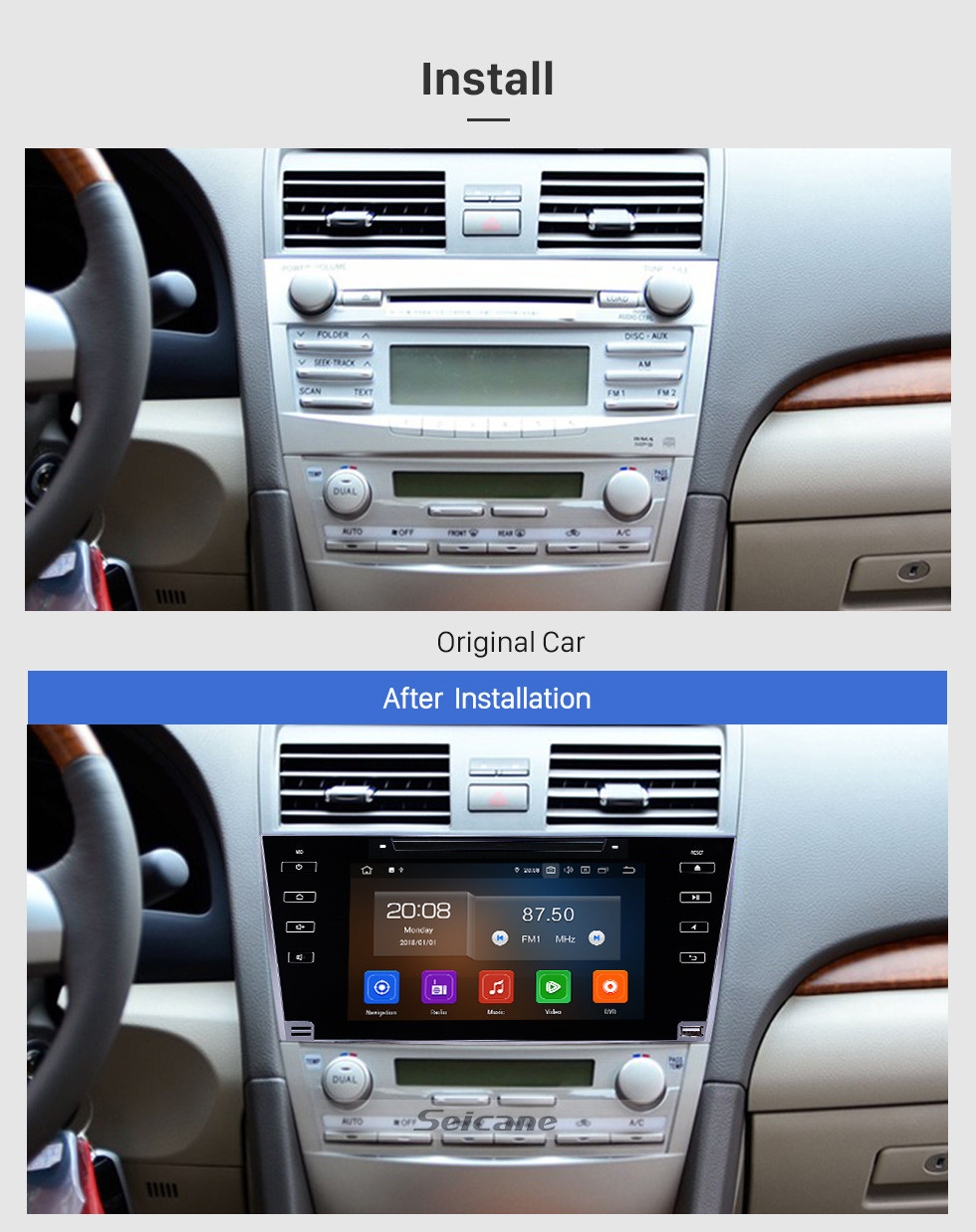 Seicane 8 polegadas Android 10.0 Radio para 2007-2011 Toyota Camry Bluetooth HD Touchscreen WIFI Navegação GPS Carplay suporte USB TPMS DVR