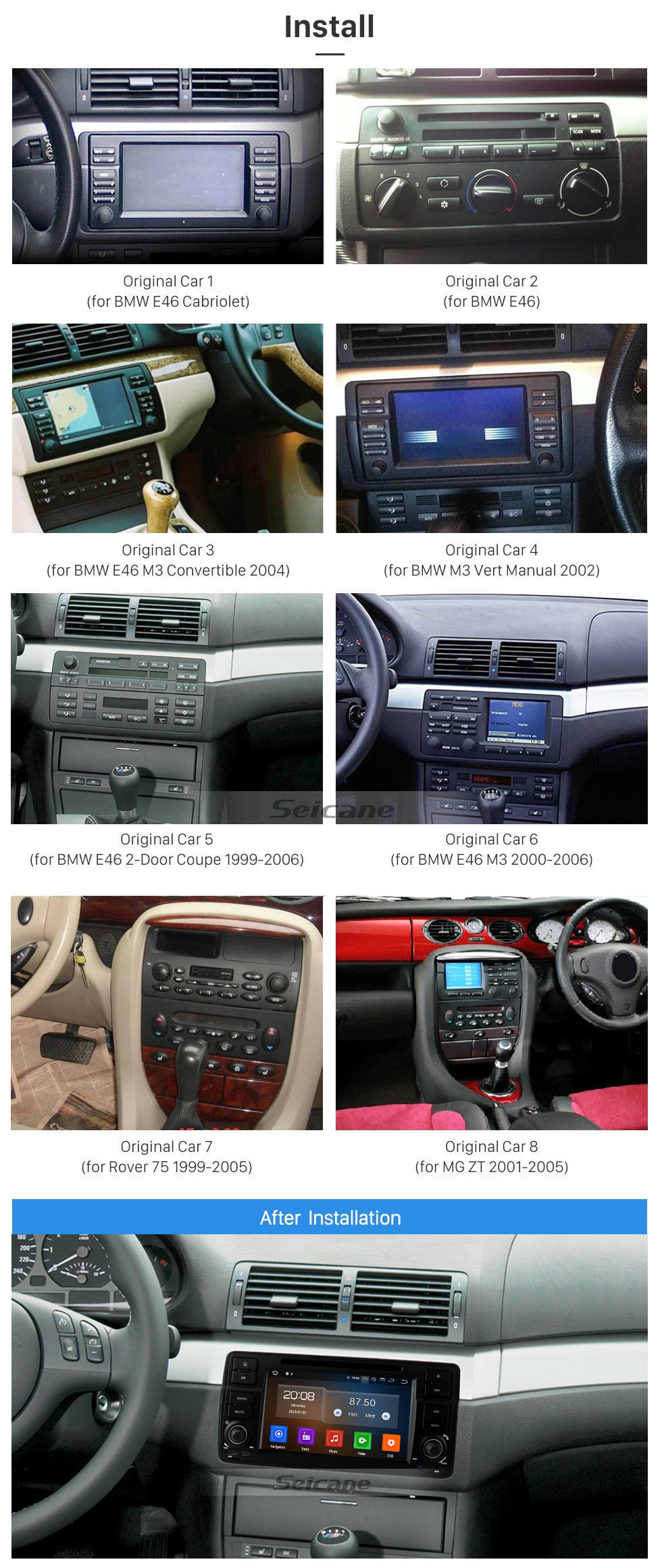 Seicane 7 polegadas Android 11.0 Rádio de navegação GPS para 1998-2006 BMW Série 3 E46 M3 com HD Touchscreen Carplay Bluetooth WIFI Suporte USB OBD2 SWC Controle de volante
