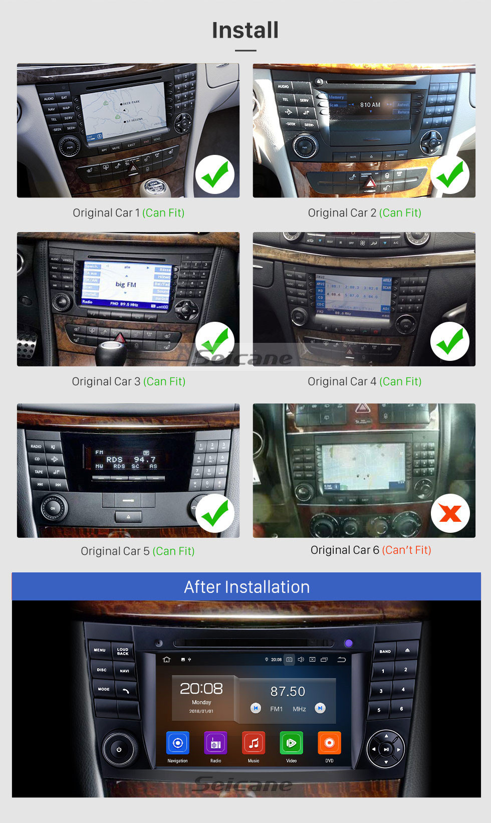 Seicane 7-дюймовый 2004-2011 Mercedes Benz CLS W219 Android 12.0 GPS-навигация Радио Bluetooth HD Сенсорный экран AUX WIFI Поддержка Carplay OBD2 Резервная камера