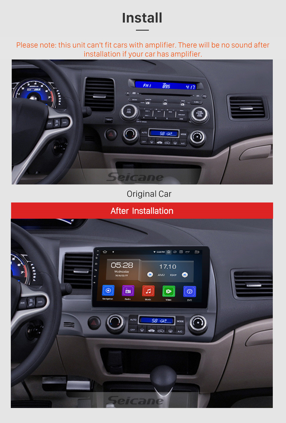 Seicane 10.1 pouces 1024 * 600 Écran tactile Android 10.0 2006-2011 Honda civic Radio système de navigation GPS avec Bluetooth 4G Commande de volant WIFI Numérique Miroir Lien OBD2 DVR Caméra de recul TPMS