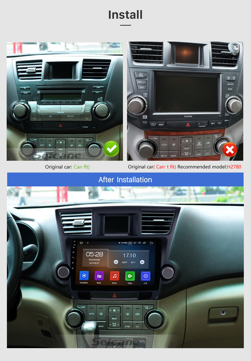 Seicane 10,1 Zoll Android 13.0 Navi im Auto GPS-System 2009-2014 Toyota Highlander mit 3G WiFi AM FM Radio Bluetooth Music Mirror Link OBD2 Rückfahrkamera DVR