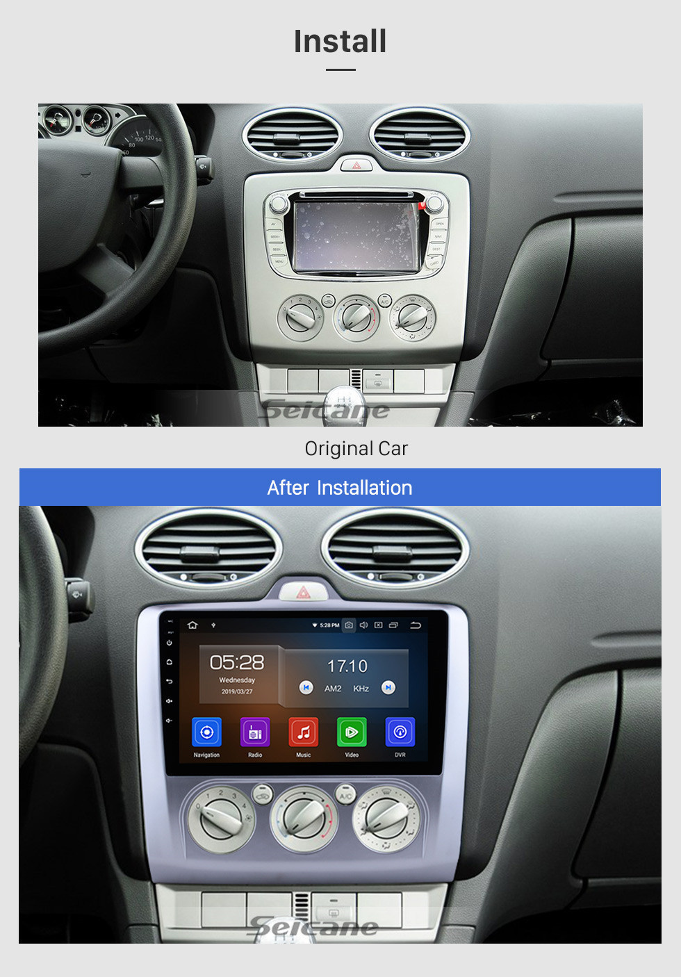 Seicane 9 Inch OEM Android 13.0 Radio 2004-2011 Ford FOCUS EXI MT 2 3 Mk2/Mk3 Manual air condition GPS Navigation system Bluetooth Touch Screen TPMS DVR OBD II Rear camera AUX 3G WiFi HD 1080P Video 