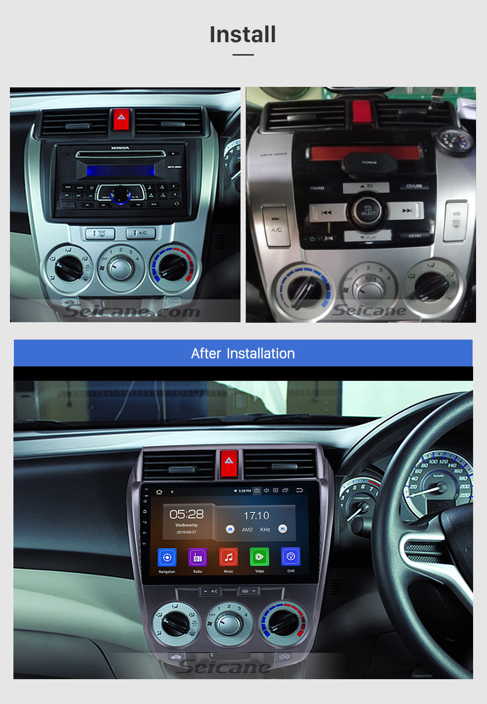 Seicane Écran tactile HD 1024*600 2008-2013 HONDA CITY 10,1 pouces Radio Lecteur DVD Android 12.0 Système de navigation GPS avec Wifi Caméra de recul Bluetooth Lien miroir OBD2 DAB+ DVR Commande au volant