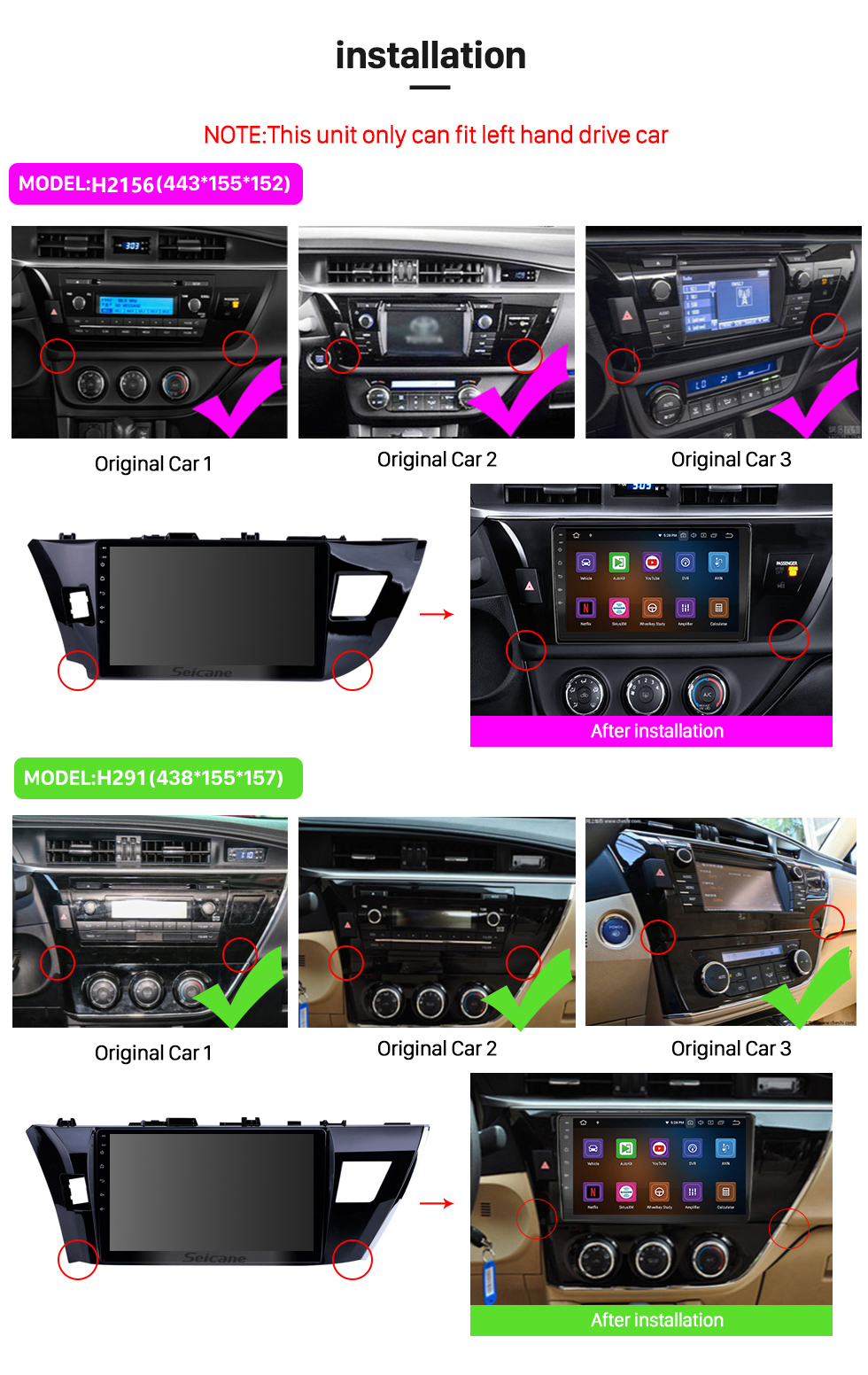 Seicane Toyota Corolla 11 2012-2014 2015 2016 E170 E180 Android 12.0 Radio DVD-Player Navigationssystem Bluetooth HD 1024 * 600 Touchscreen Haupteinheit mit OBD2 DVR Rückfahrkamera TV 1080P Video 3G WIFI Lenkradsteuerung USB Spiegelverbindung