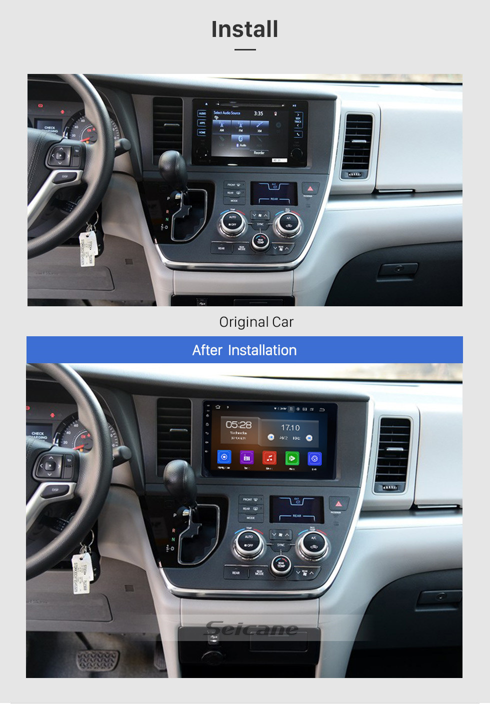 Seicane Système de navigation GPS Android 13.0 après-vente de 9 pouces pour Toyota Sienna 2015-2018 avec écran tactile capacitif TPMS DVR OBD II Appui-tête de contrôle de moniteur USB SD Bluetooth 3G WiFi Vidéo AUX Caméra arrière