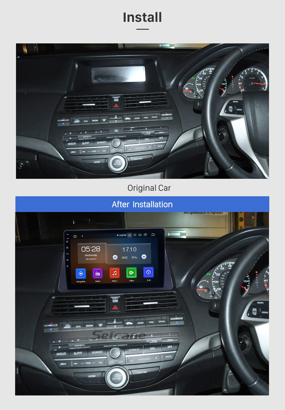 Seicane 2008-2013 Honda Accord 8 Android 12.0 10.1 inch HD Touchscreen GPS Navigation Auto Radio Bluetooth Phone USB Carplay SWC WIFI Music support DVR TPMS OBD2