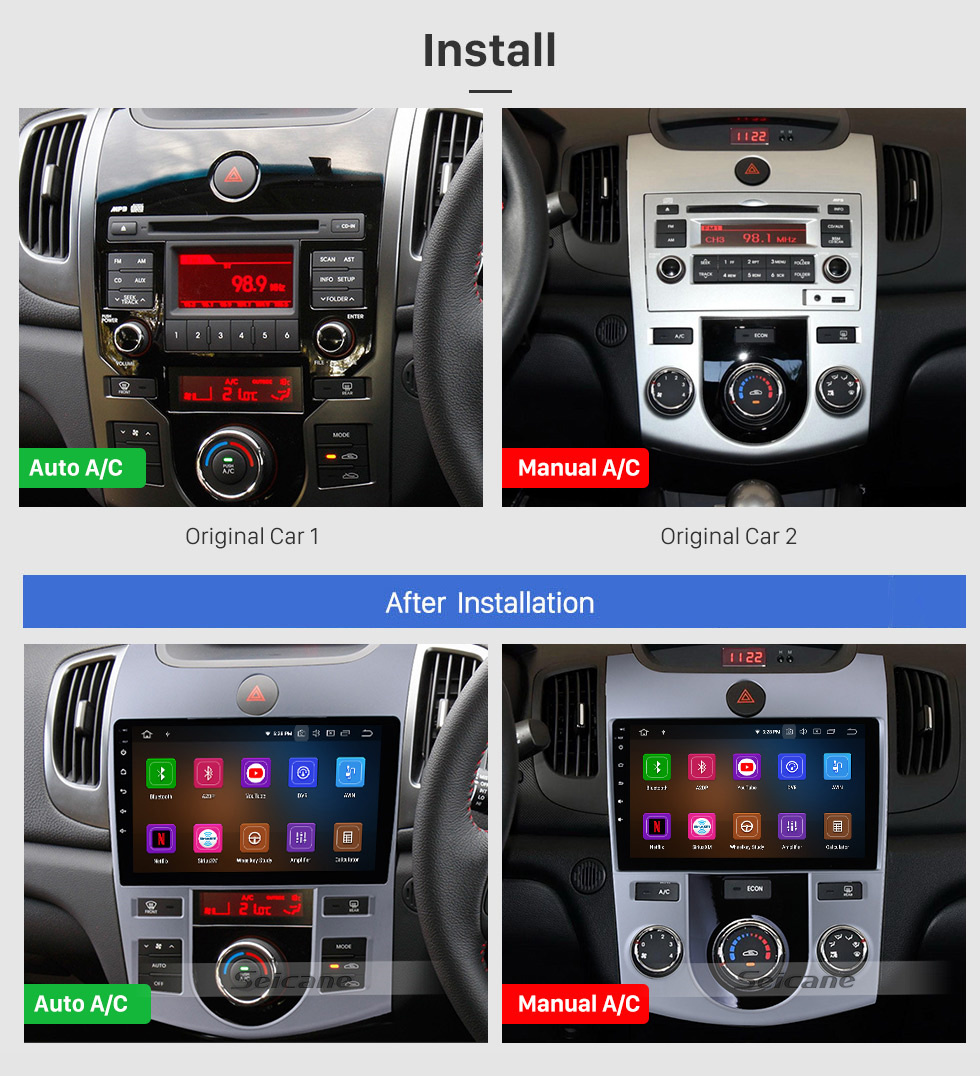 Seicane 9-дюймовая Android 11.0 GPS-навигационная система для KIA FORTE (MT) 2008-2012 гг. С радио Bluetooth HD 1024 * 600 с сенсорным экраном OBD2 DVR Камера заднего вида TV 1080P Видео 3G WIFI USB SD Управление рулевым колесом Зеркальная связь