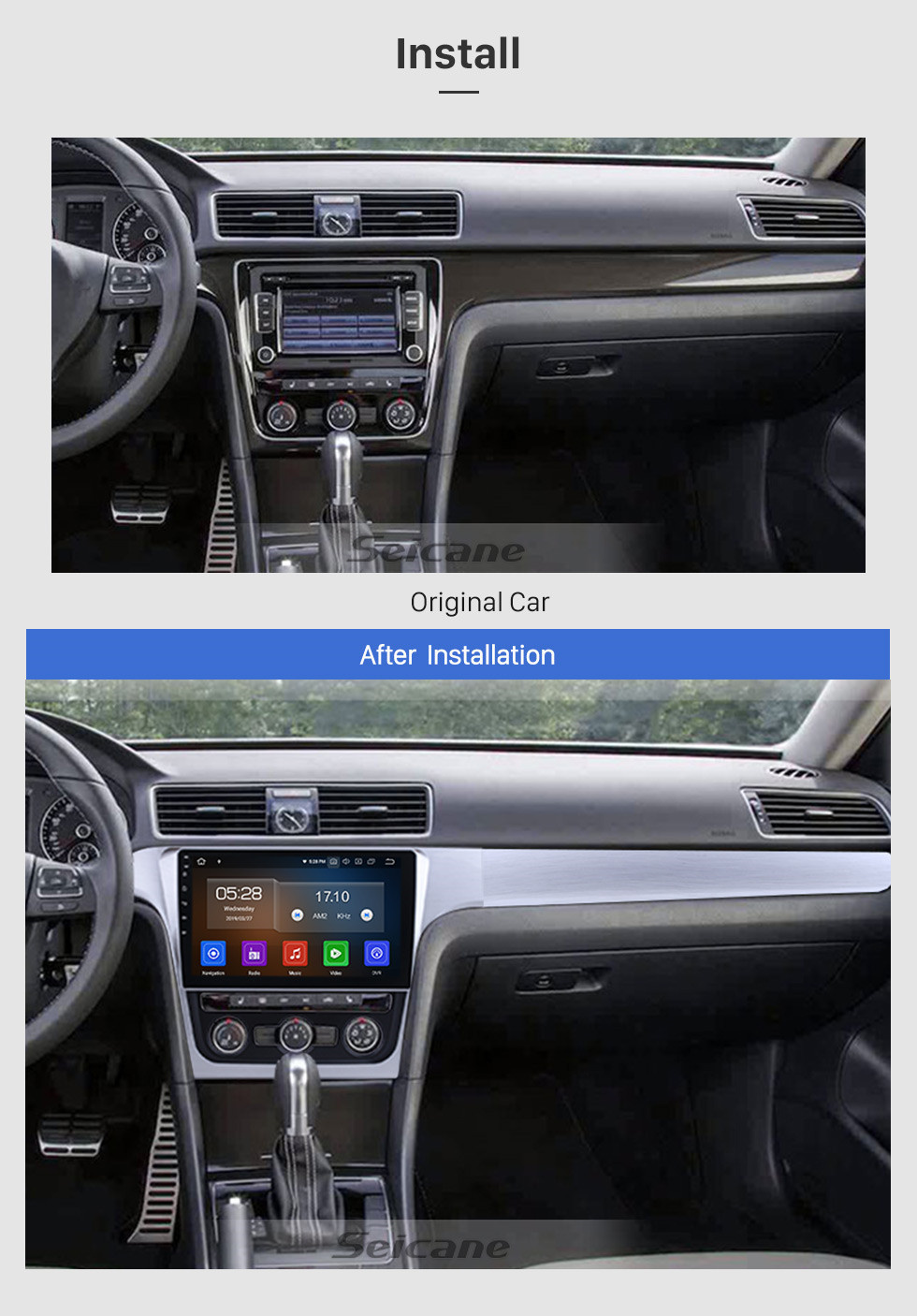 Seicane 2014 2015 VW Volkswagen Passat Android 13.0 Pantalla táctil capacitiva Radio Sistema de navegación GPS con Bluetooth TPMS DVR OBD II Cámara trasera AUX USB SD 3G WiFi Control del volante Video
