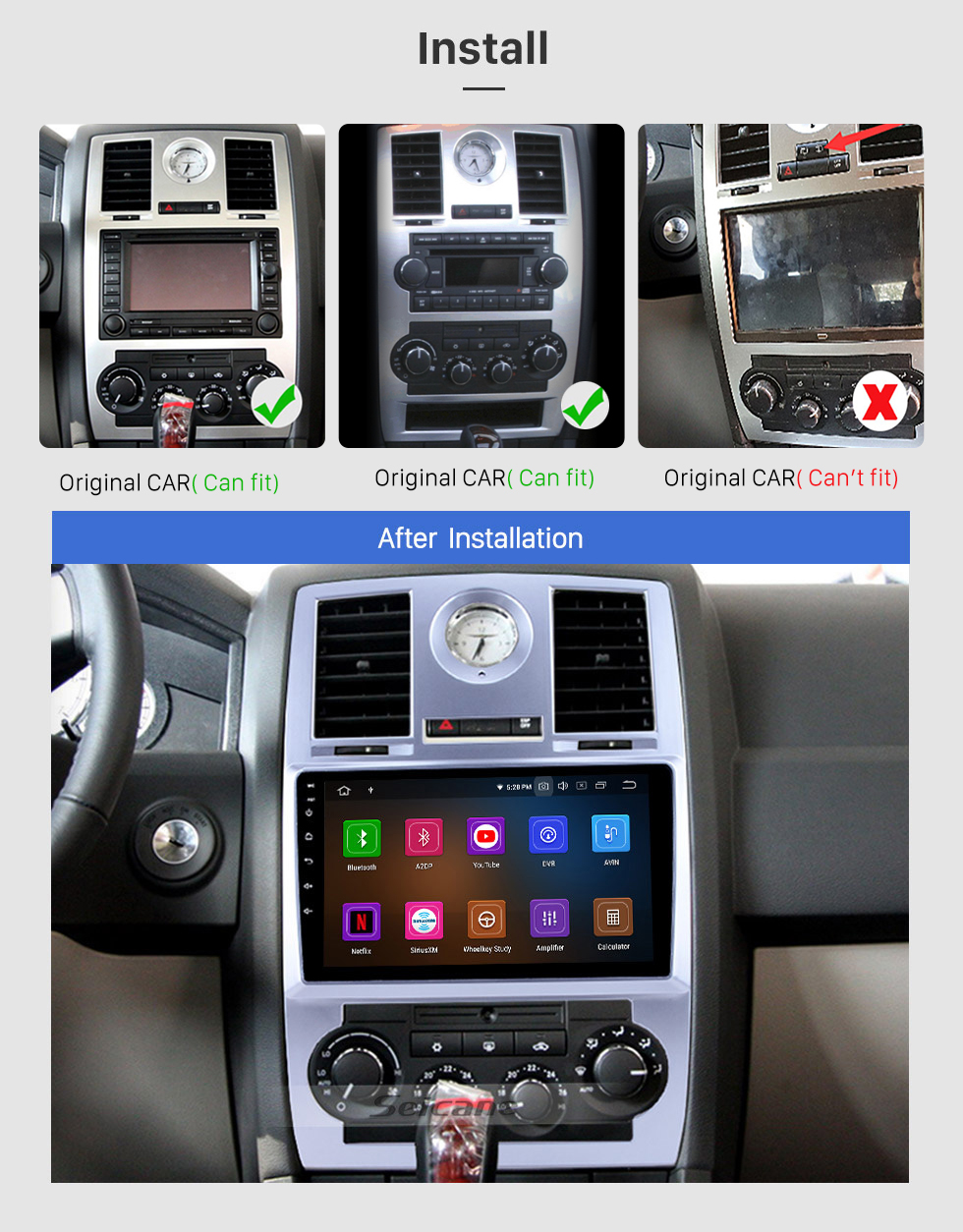 Seicane 9 pouces Android 12.0 Système de navigation GPS Radio automatique pour 2004 2005 2006 2007 2008 Chrysler Aspen 300C support 1080P 1024*600 HD Écran tactile Bluetooth OBDII DVR Sauvegarde Caméra de recul TV 3G WIFI Lien miroir USB