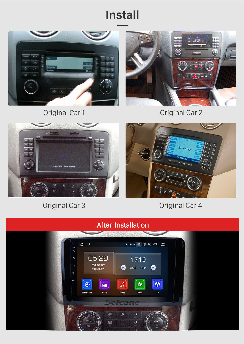 Seicane 2005-2012 Mercedes Benz ML Classe W164 ML280 ML300 ML320 ML350 ML420 ML450 ML500 ML550 ML63 Remoção de rádio com Android 13.0 Navegação GPS Estéreo 1024*600 Tela Capacitiva Multitoque DVD Link de Espelho OBD2 Bluetooth 4G WiFi