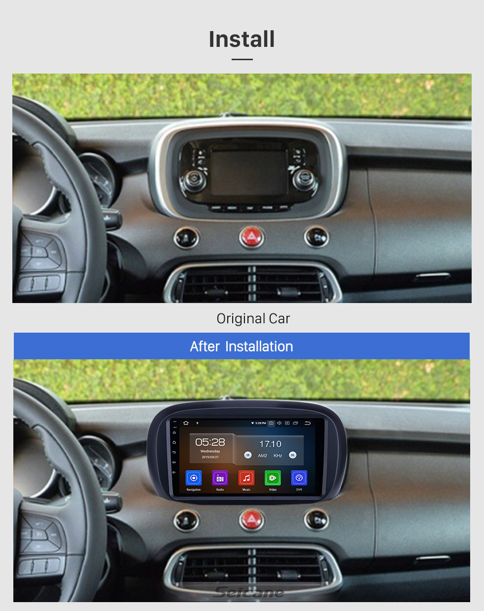 Seicane Pantalla táctil HD 2014-2019 Fiat 500X Android 13.0 9 pulgadas Navegación GPS Radio Bluetooth AUX Carplay soporte Cámara trasera DAB+ OBD2