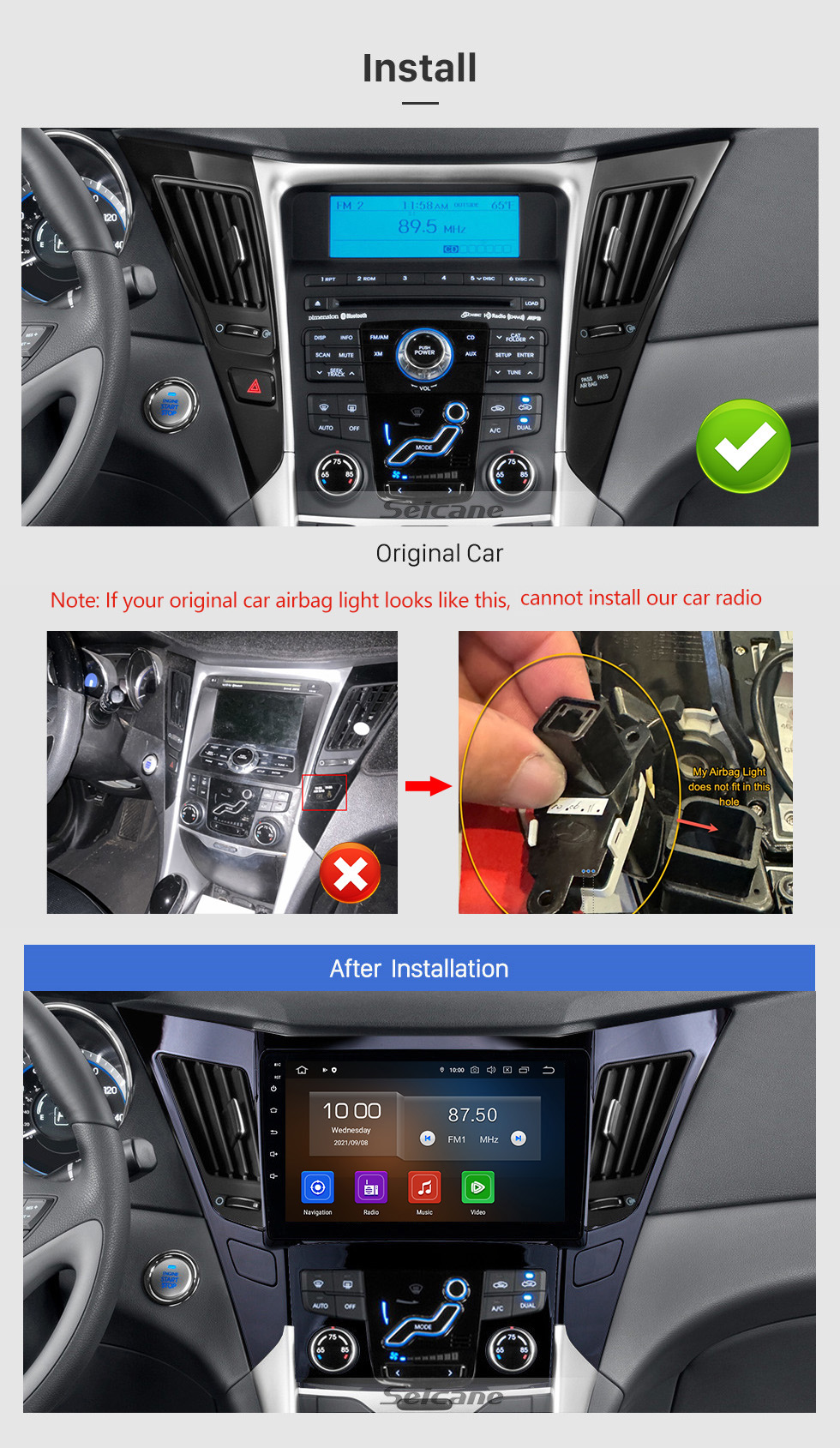 Seicane Pantalla táctil HD 2011-2015 Hyundai Sonata 8 Android 13.0 9 pulgadas Navegación GPS Radio Bluetooth WIFI USB Compatibilidad con Carplay DAB + TPMS