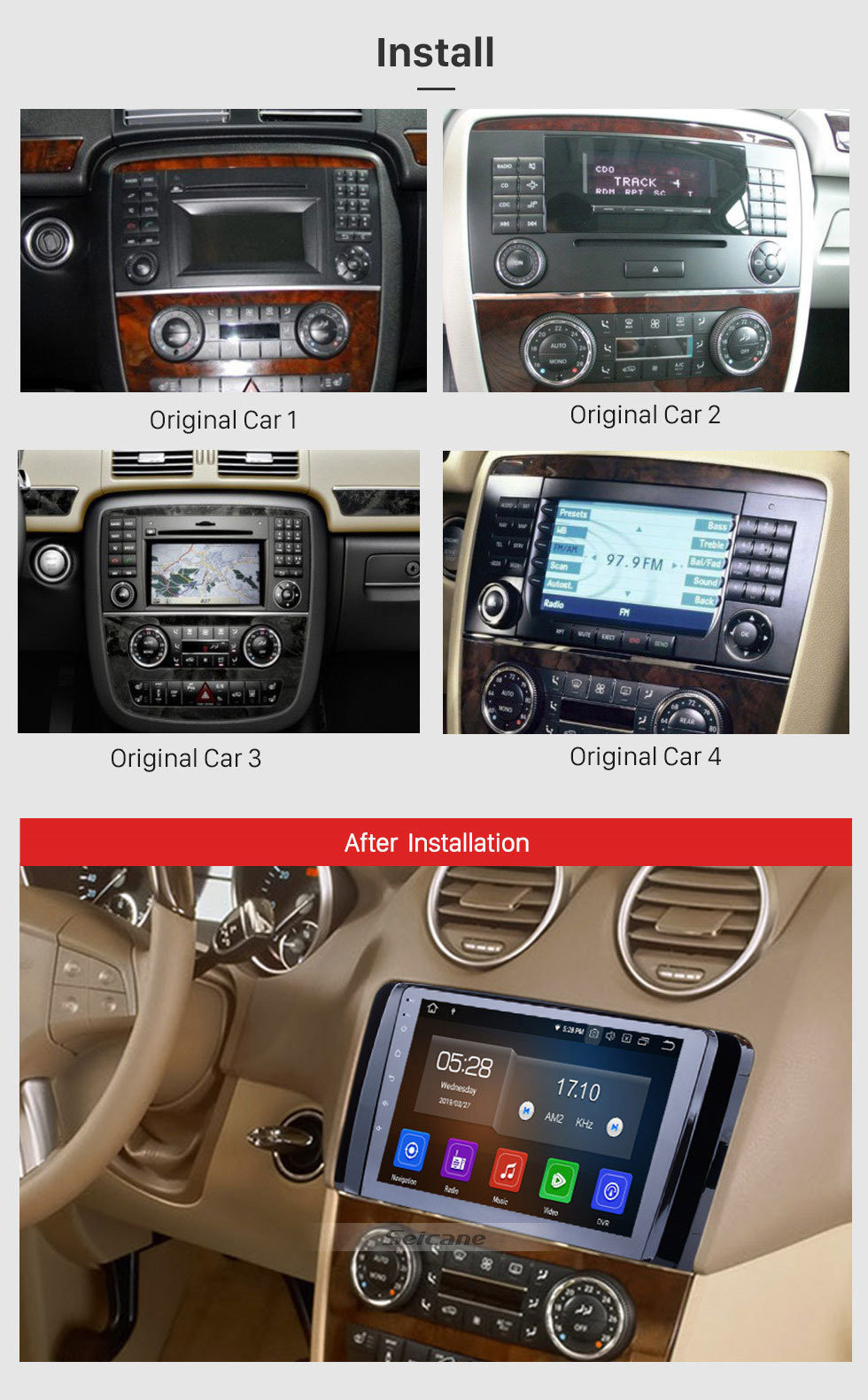 Seicane 9 pulgadas OEM Android 13.0 Radio Pantalla táctil capacitiva para 2006-2013 Mercedes Benz Clase R W251 R280 R300 R320 R350 R63 Soporte 3G WiFi Bluetooth Sistema de navegación GPS TPMS DVR OBD II AUX Monitor de reposacabezas Control Video Cámara trasera US