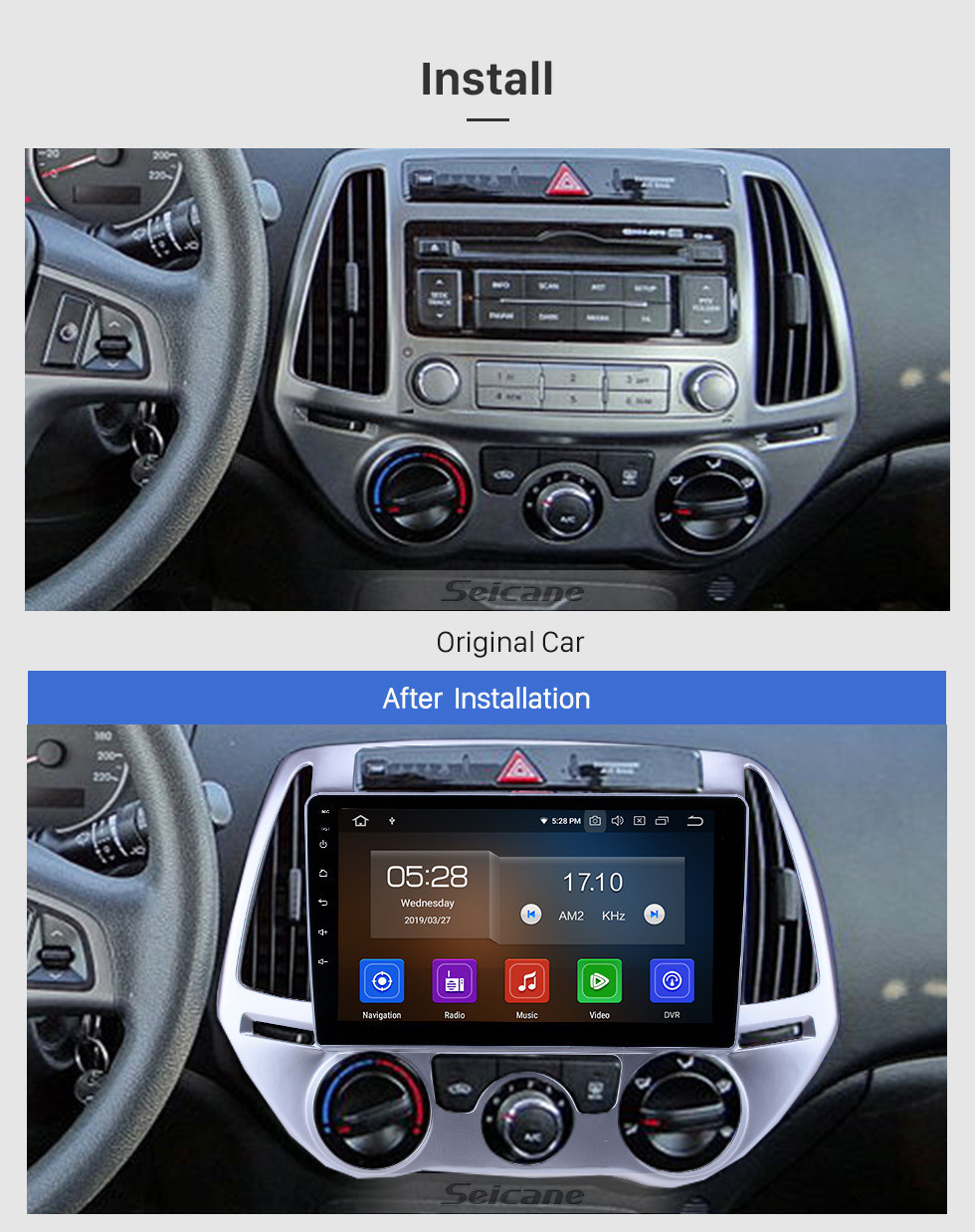Seicane 9 polegada Android 11.0 Rádio para 2012-2014 Hyundai I20 Manual A / C Bluetooth Wifi HD Touchscreen Navegação GPS Carplay USB suporte DVR OBD2 câmera Retrovisor