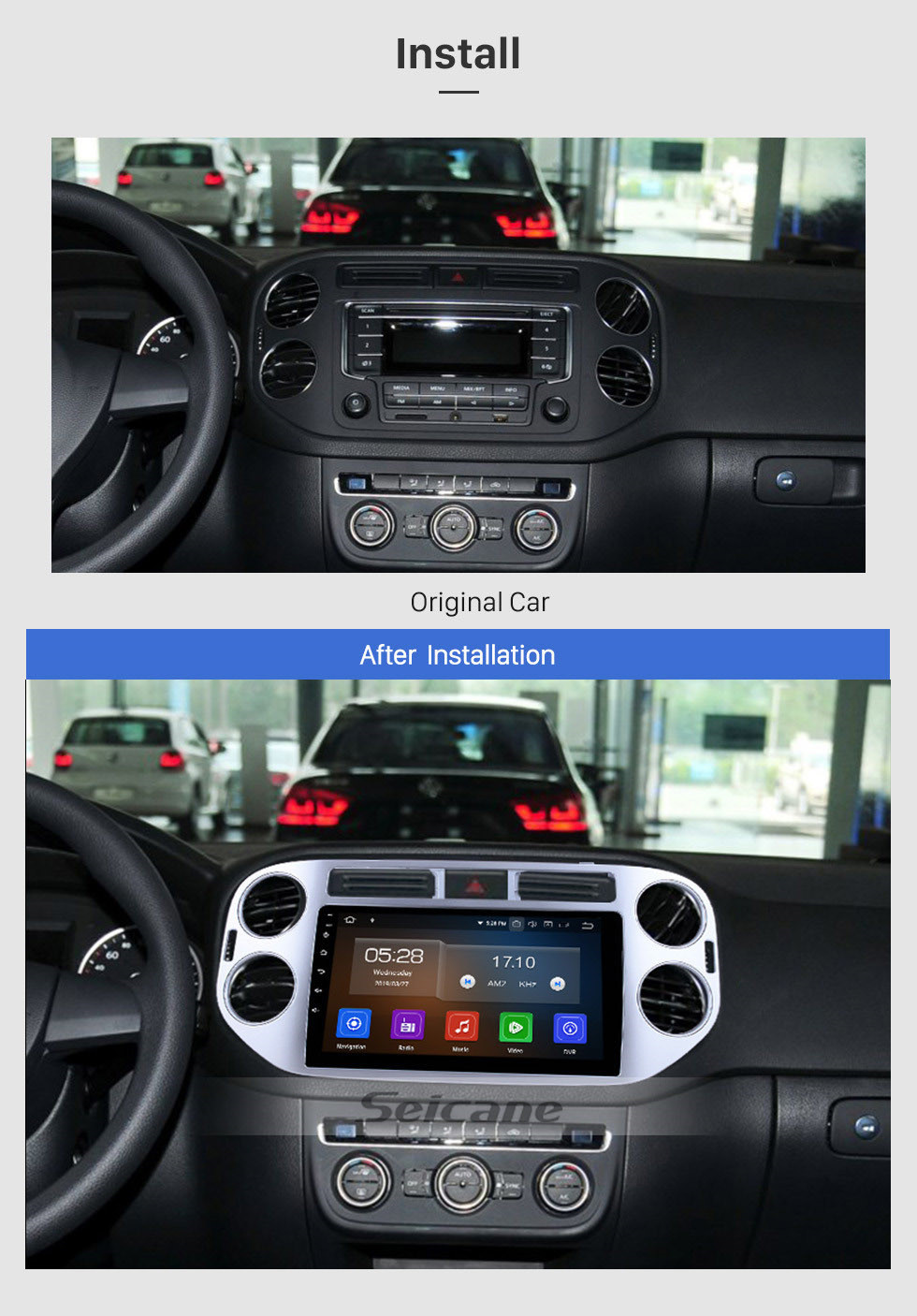 Seicane 9 pouces Android 12.0 Radio Bluetooth pour 2010 2011 2012 2013 2014 2015 VW Volkswagen Tiguan WiFi Système de navigation GPS Écran tactile Bluetooth TPMS DVR OBD II Caméra arrière AUX USB Carplay