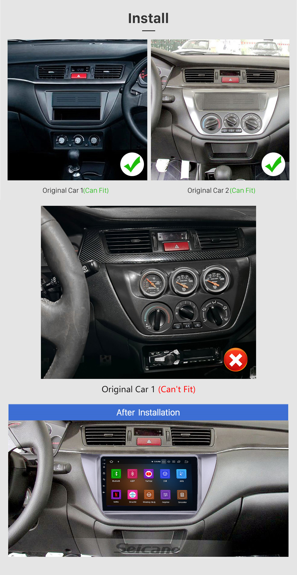Seicane 9 polegada Android 13.0 2006-2010 Mitsubishi Lancer IX HD Touchscreen Navegação GPS Rádio com USB Carplay Bluetooth WIFI suporte 4G DVD Player LinkMirror