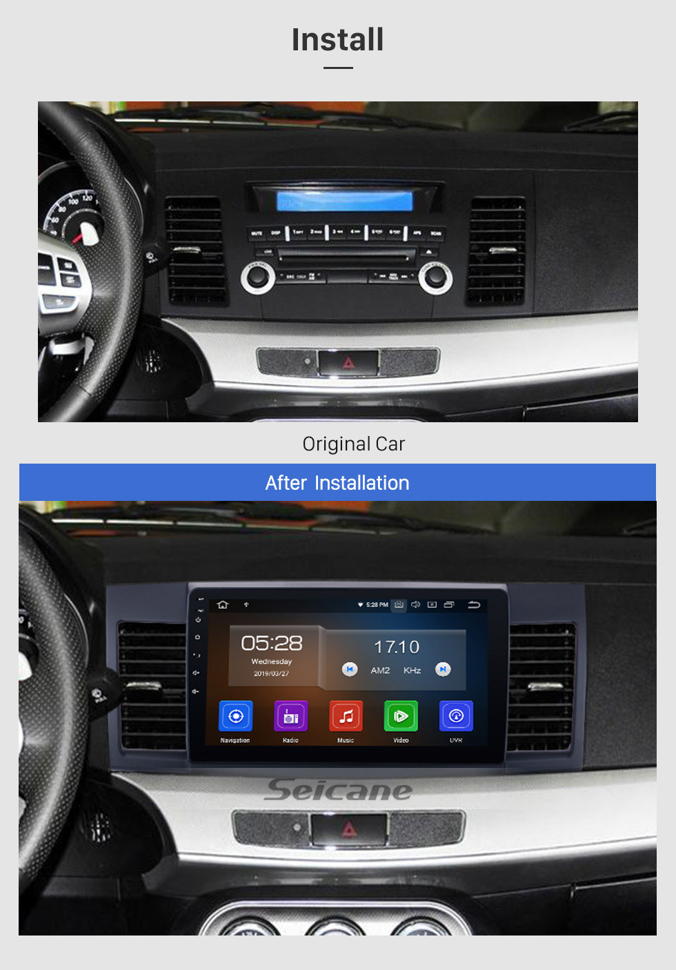 Seicane 2007-2015 Mitsubishi Lancer 10,1-дюймовый Android 12.0 Радио 1024 * 600 Сенсорный экран DVD Система GPS-навигации Зеркальная связь Bluetooth OBD2 DVR Камера заднего вида ТВ 1080P 4G WIFI Управление на руле