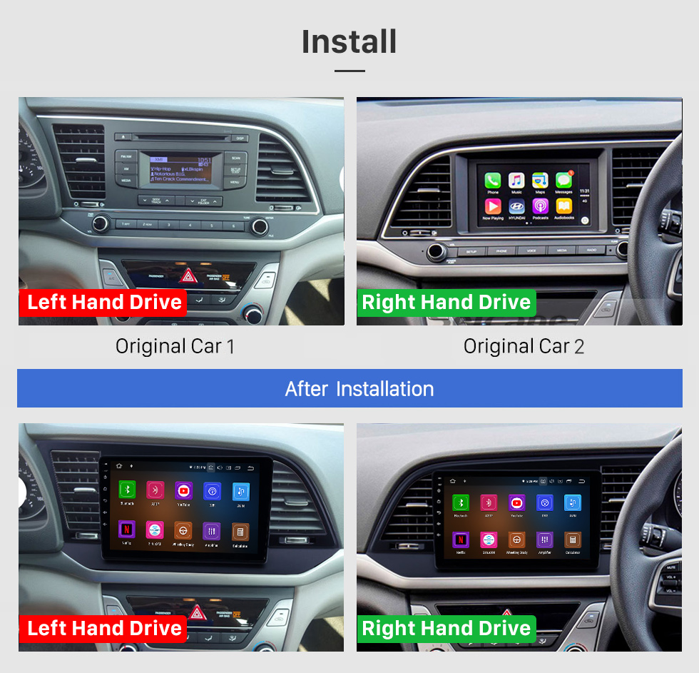 Seicane 9-дюймовый HD сенсорный экран 2016 Hyundai Elantra LHD Android 13.0 Радио DVD-плеер GPS-навигация с Wi-Fi Bluetooth Mirror Link OBD2 DAB + DVR AUX
