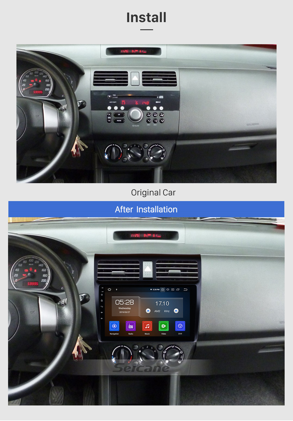 Seicane Aftermarket Radio 10.1 pulgadas Android 11.0 Navegación GPS para 2005-2010 SUZUKI SWIFT Mirror Link Bluetooth WiFi Soporte de audio Cámara de vista trasera 1080P Video DVR DAB + Reproductor de DVD