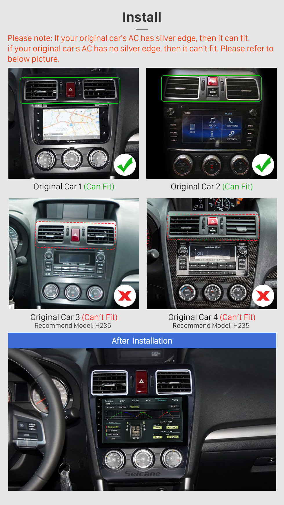 Seicane 9 polegadas 2014 2015 2016 Subaru WRX forester Android 13.0 Rádio DVD Player Sistema de navegação GPS Bluetooth Tela sensível ao toque 4G WiFi DAB+ TPMS DVR OBDII