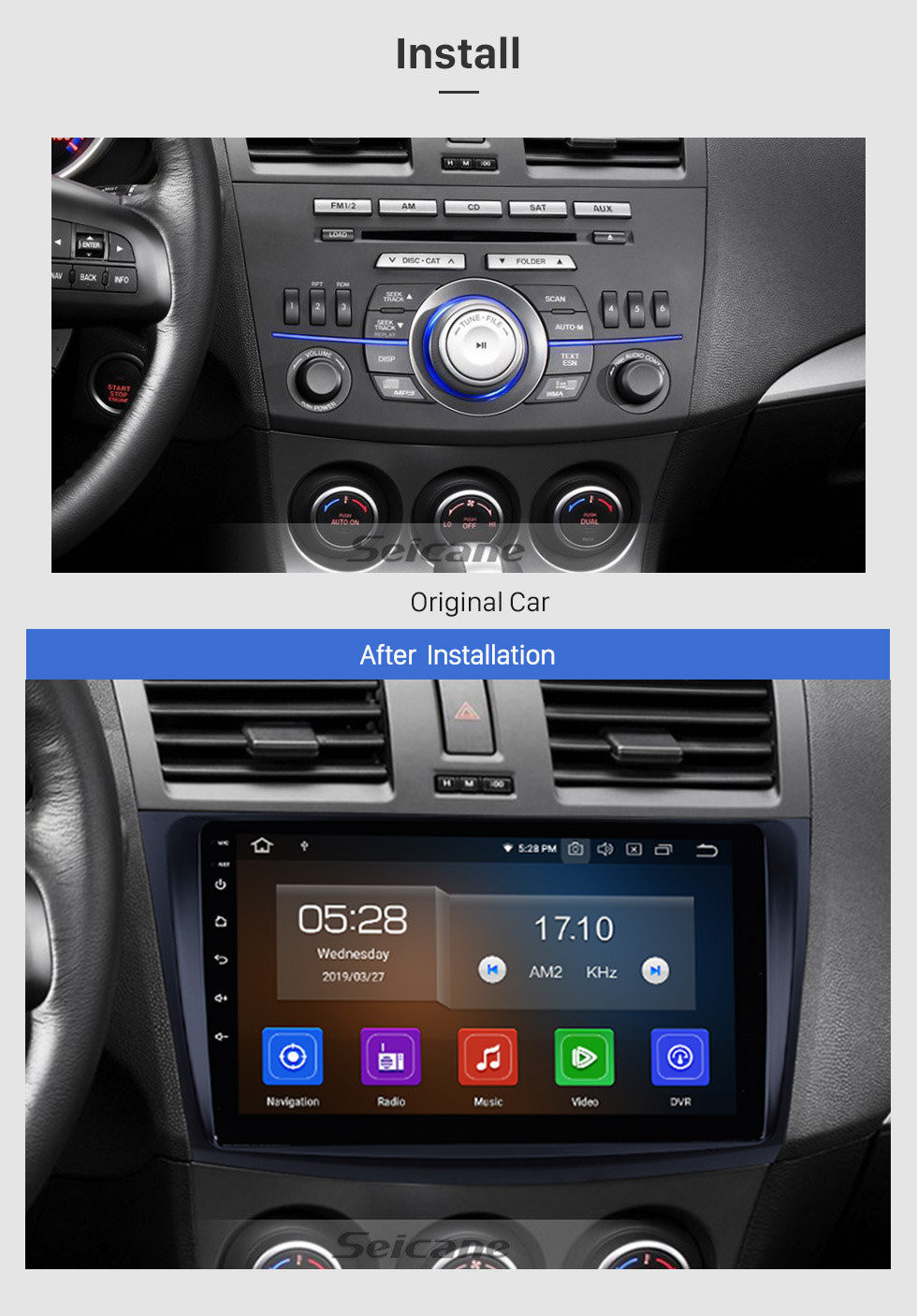 Seicane 2009-2012 Mazda 3 Axela 9 pulgadas Android 11.0 GPS Radio HD 1024 * 600 Pantalla táctil Enlace espejo Bluetooth Cámara de vista trasera 1080P Control del volante WIFI OBD2 DVR DVD