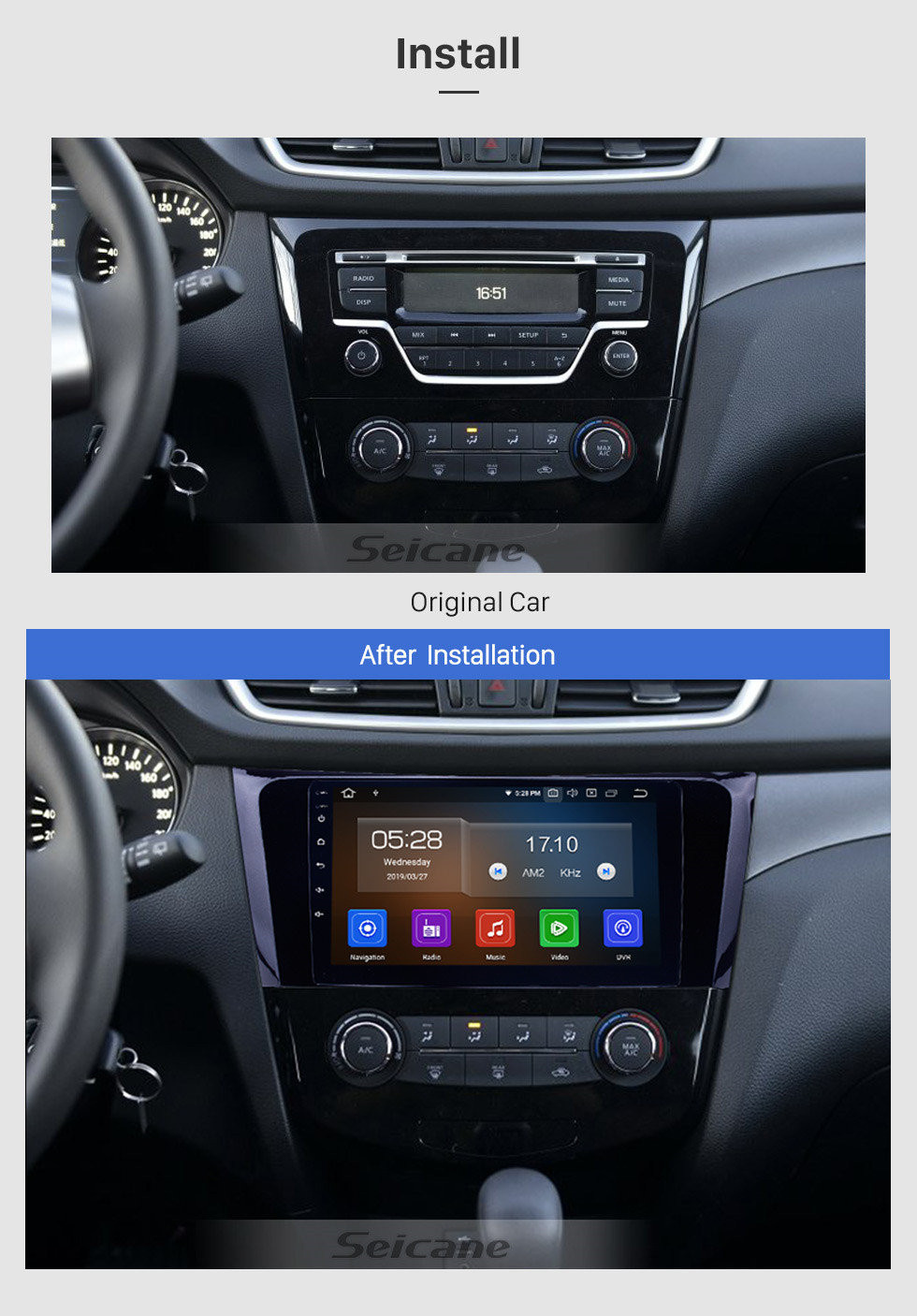 Seicane 2012 2013 2014 2015 2016 2017 Nissan X-TRAIL Qashqai A/V 9 polegadas HD touchscreen Rádio GPS de navegação Android 11.0 Sistema de Áudio Bluetooth OBD2 Controle de Volante
