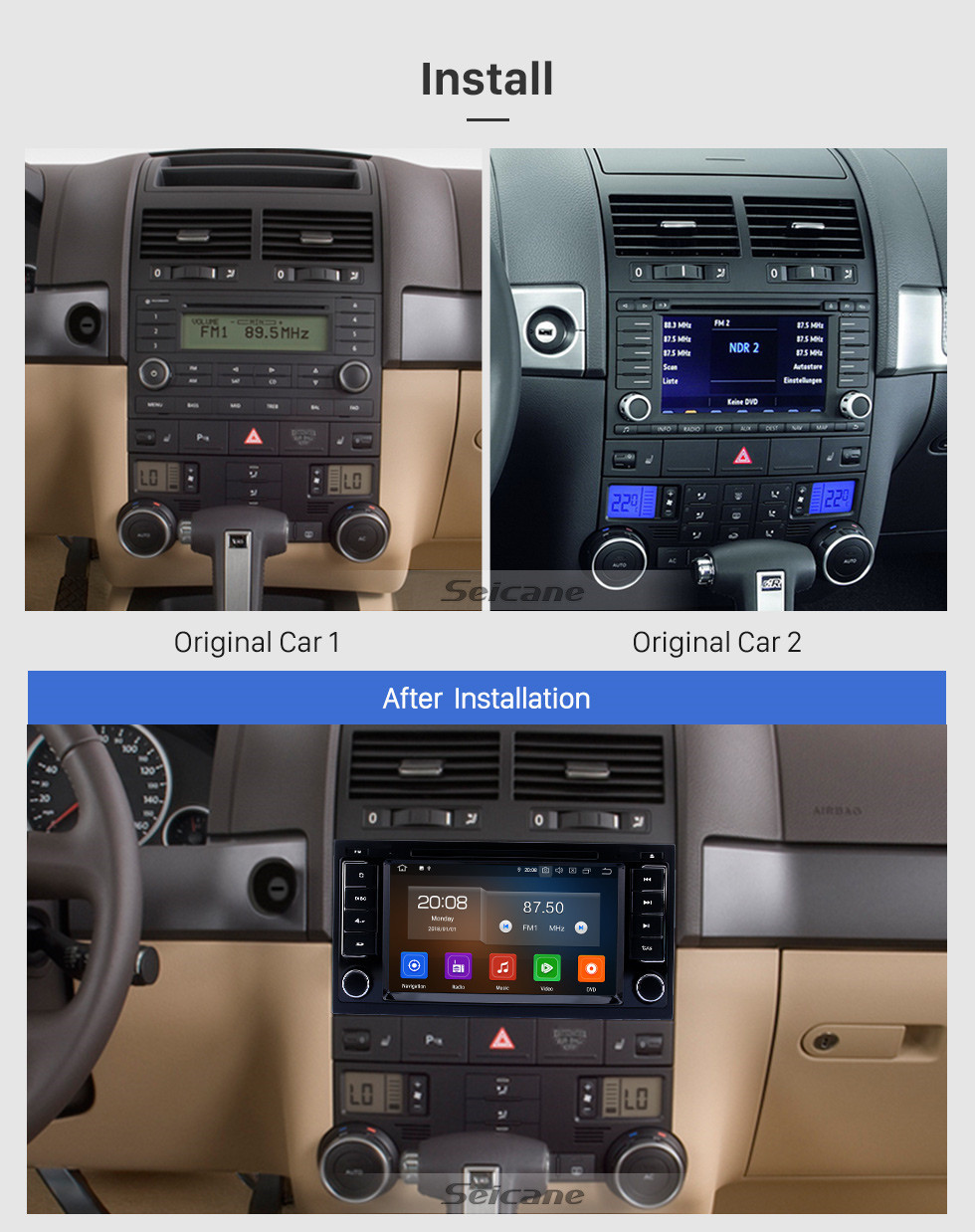 Seicane 7 inch Android 12.0 GPS Navigation Radio for VW Volkswagen 2004-2011 Touareg 2009 T5 Multivan/Transporter with Touchscreen Carplay Bluetooth support 1080P DVR