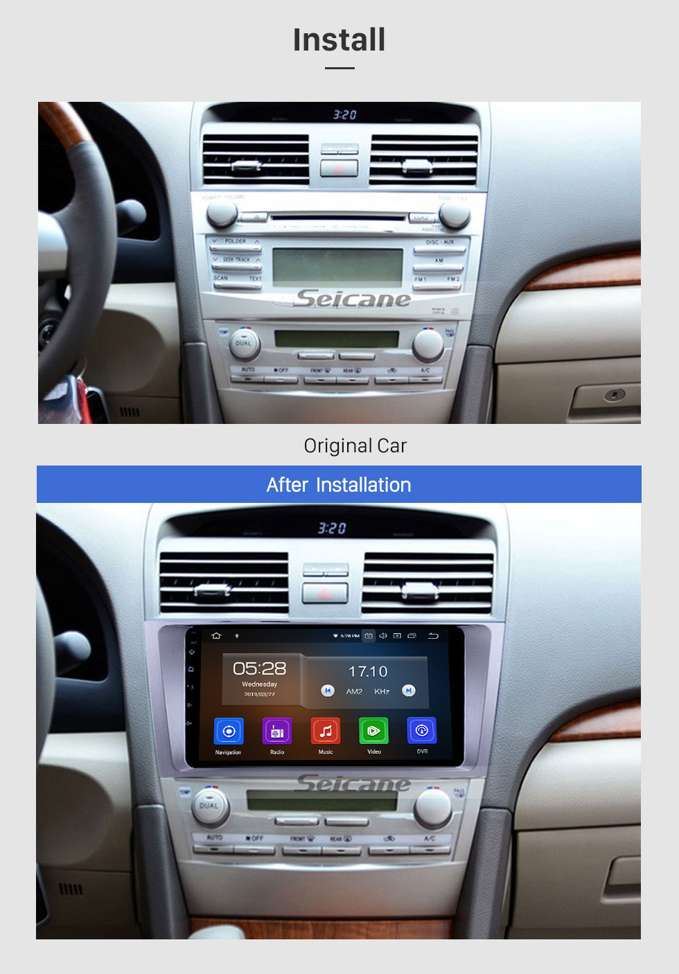 Seicane 2007-2011 Toyota CAMRY OEM 9 pulgadas Android 11.0 Radio con sistema de navegación GPS Pantalla táctil capacitiva Reproductor multimedia Soporte 3G WiFi Bluetooth TPMS DVR OBD II AUX Reposacabezas Monitor Control Video Cámara trasera USB SD